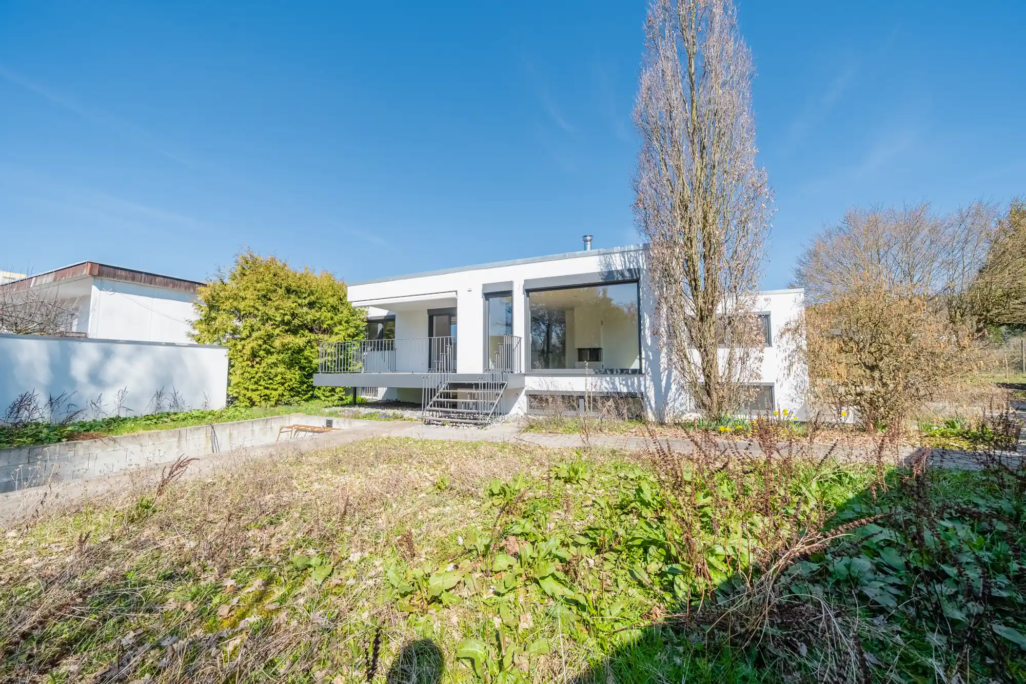 Moderner weißer Bungalow mit großen Fensterfronten und Terrasse — Arbeitsbeispiel aus meinem Portfolio
